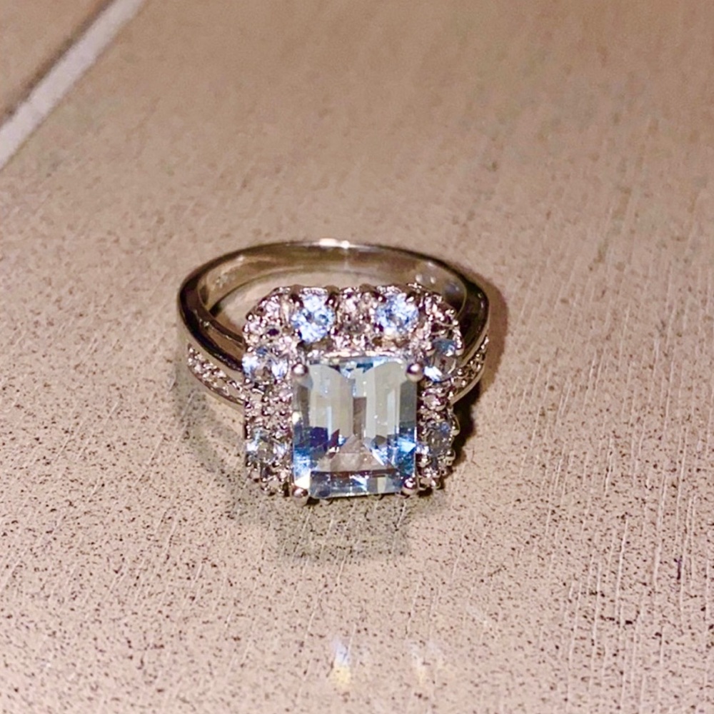 Emerald Cut Aquamarine Ring in Sterling Silver